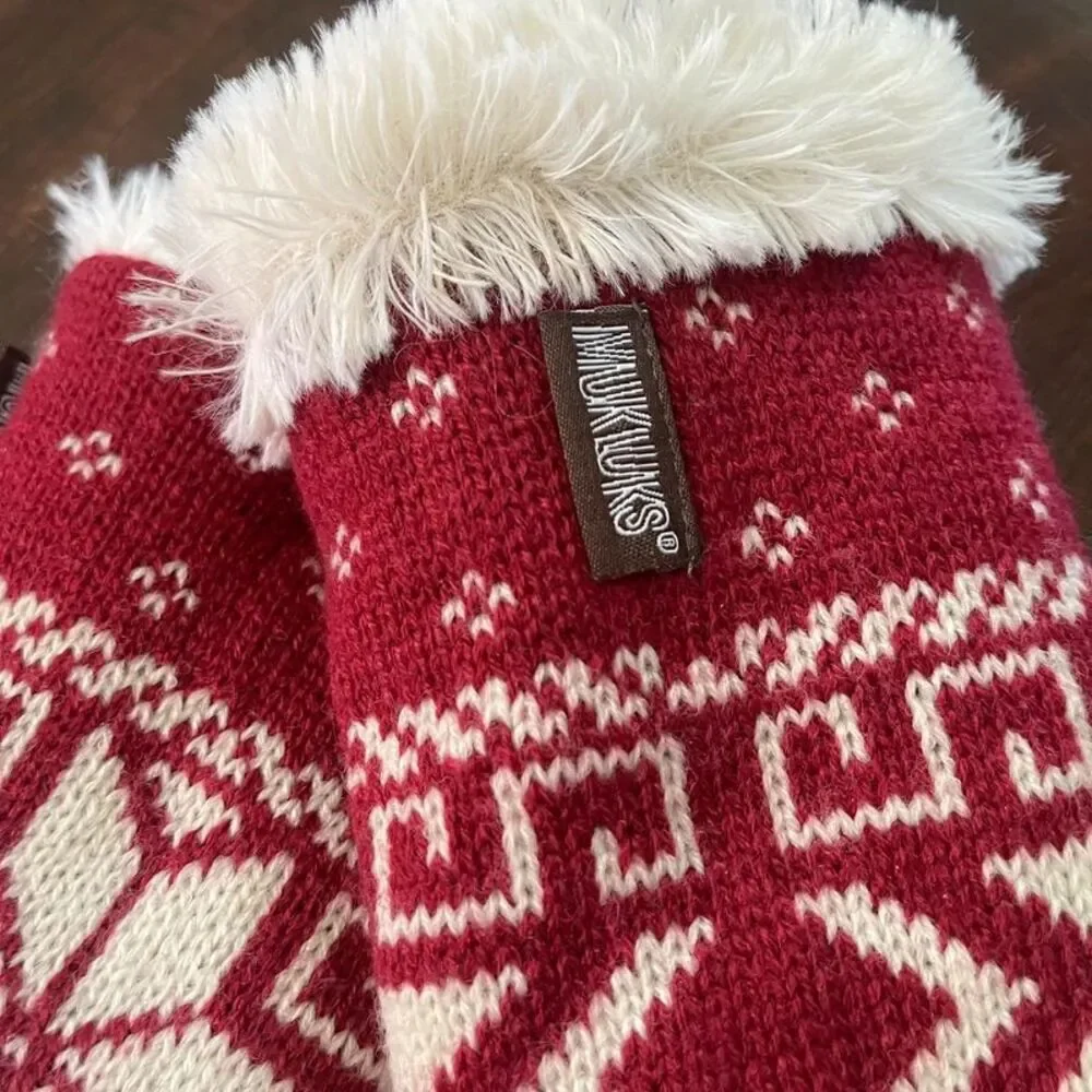 Muk Luks Women Red Cream Knit Snowflake Design Faux Fur Trim Winter Gloves NEW